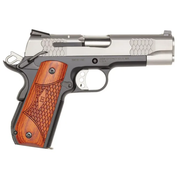 Smith & Wesson 1911SC E Series Handgun .45 ACP 7rd & 8rd Magazines 4.25" Barrel Round Butt Scandium Frame Silver and Black