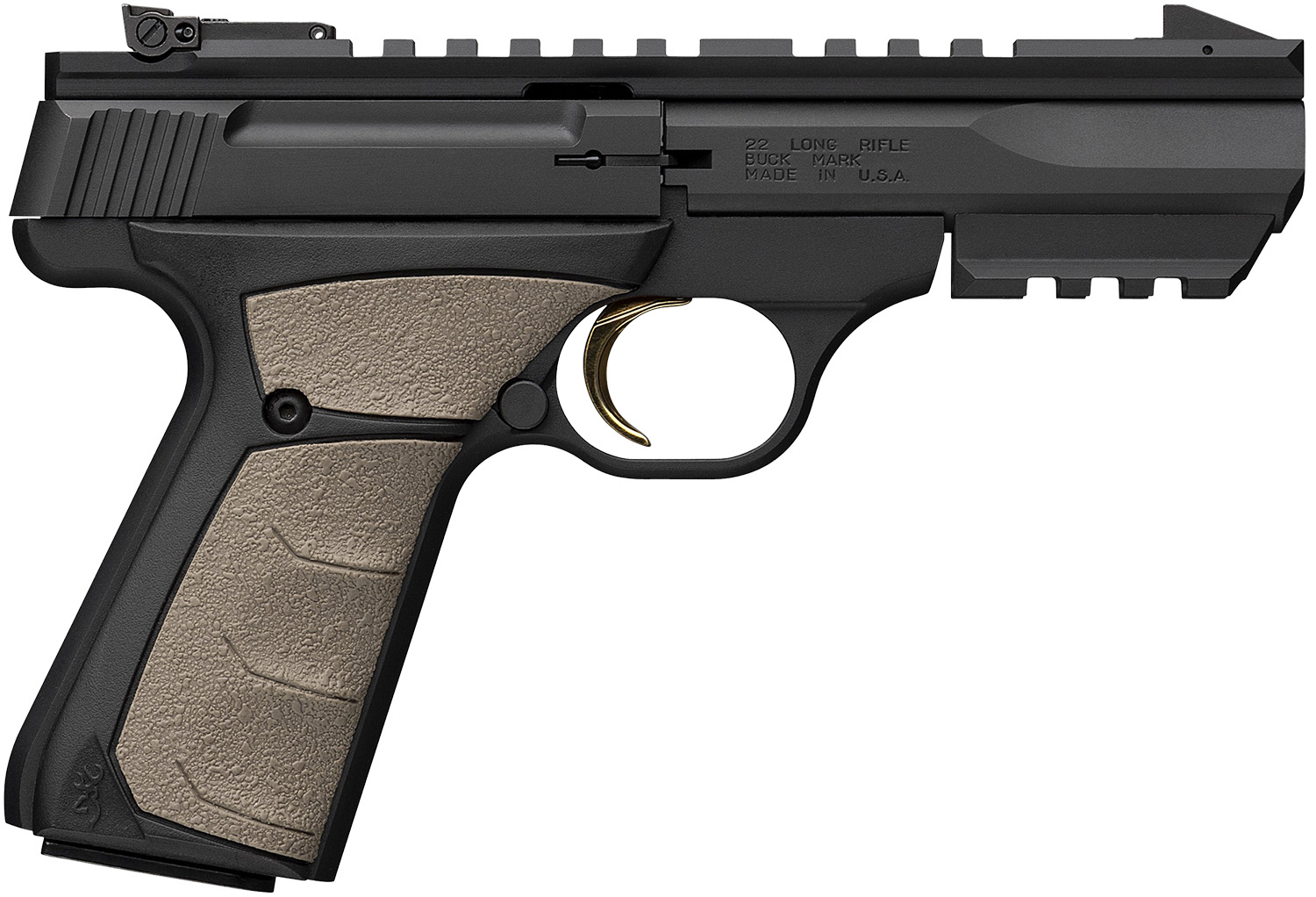 Browning 051601490 Buck Mark Black Label URX 22 LR 10+1 5.50" Matte Blued Contoured Barrel, Matte Black Serrated Slide, Matte Black Aluminum Frame w/Picatinny Rail, FDE UFX Overmolded Grip